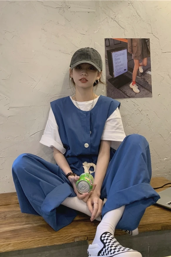 

Blue Sleeveless Loose Drawstring Cargo Long Jumpsuit Wide Leg Pants