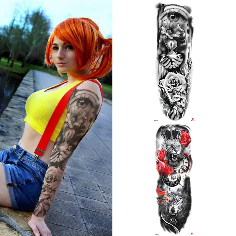 

Beautiful Cool Girl Tattoo Stickers Full Arm Leg Skull Lion Animal Flower Big Picture Waterproof Fake Tattoo Stickers