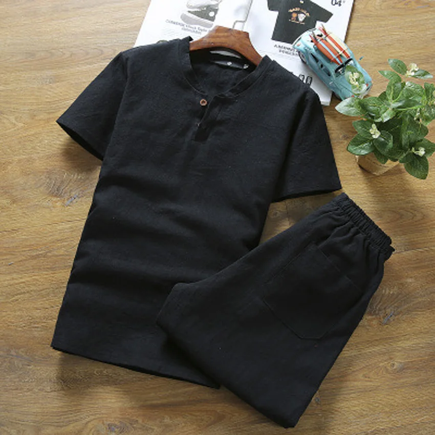 

Chinese Style Summer Men Linen Tang Suit Short Sleeve V-neck T-shirt+shorts Clothing Set Breathable Oriental Costumes