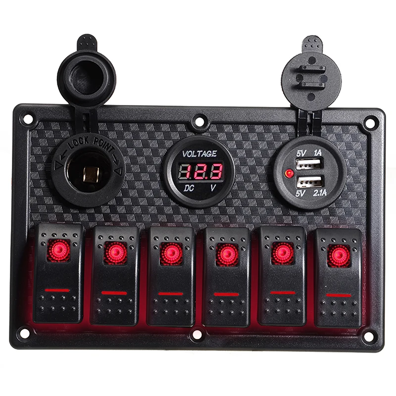 

12V 24V 6-Gang Switch Control Panel Red LED Rocker Breaker IP67 Waterproof Switch Panel For Car Marine Boat Truck Circuit