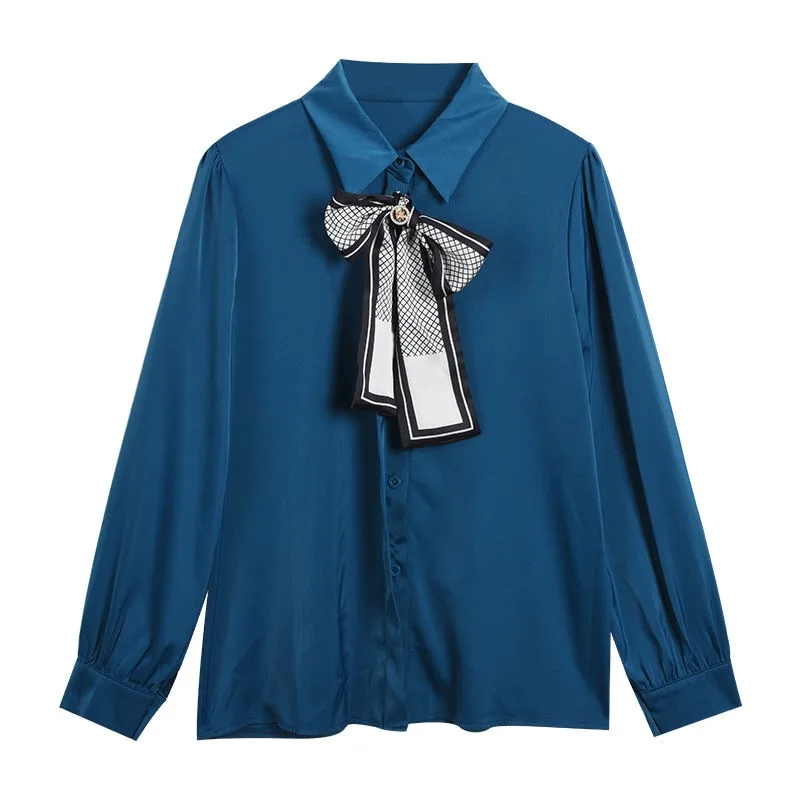 

Fashion New Casual Turn Down Collar Blouses Women Elegant Long Sleeve Shirts Women Bow Tie Tops Ladies