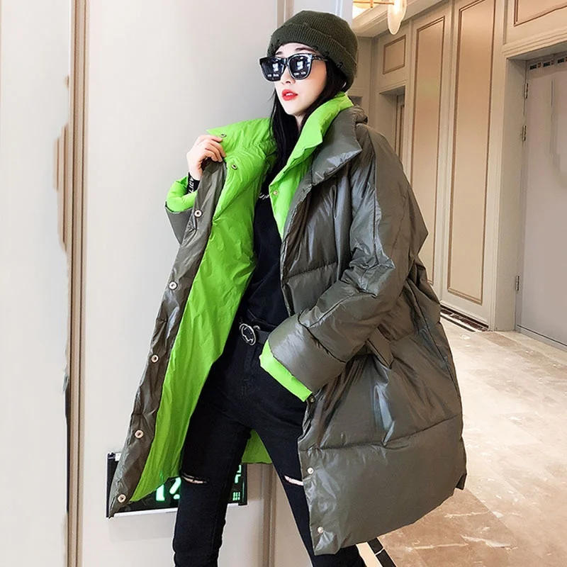 

Black/Orange/Green Women Down Parkas Winter New Down Coat Fashion Mid Length Hit Color Down Jacket Loose Ladies Warm Outerwear