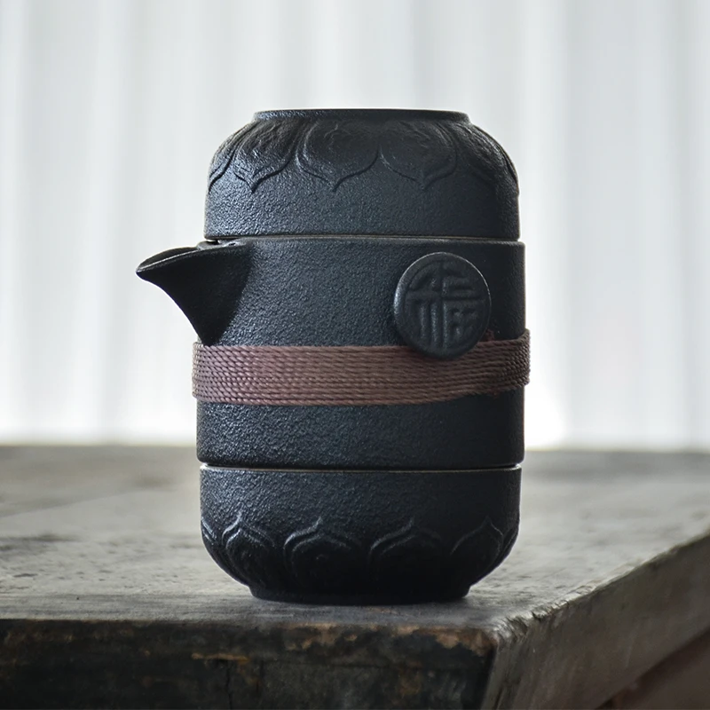 

Teapots and Cups Premium 1 Set Tea Pot Chinese Black Ceramic Outdoor Portable Travel Office Drinkware 2021 New Arrival Best Gift