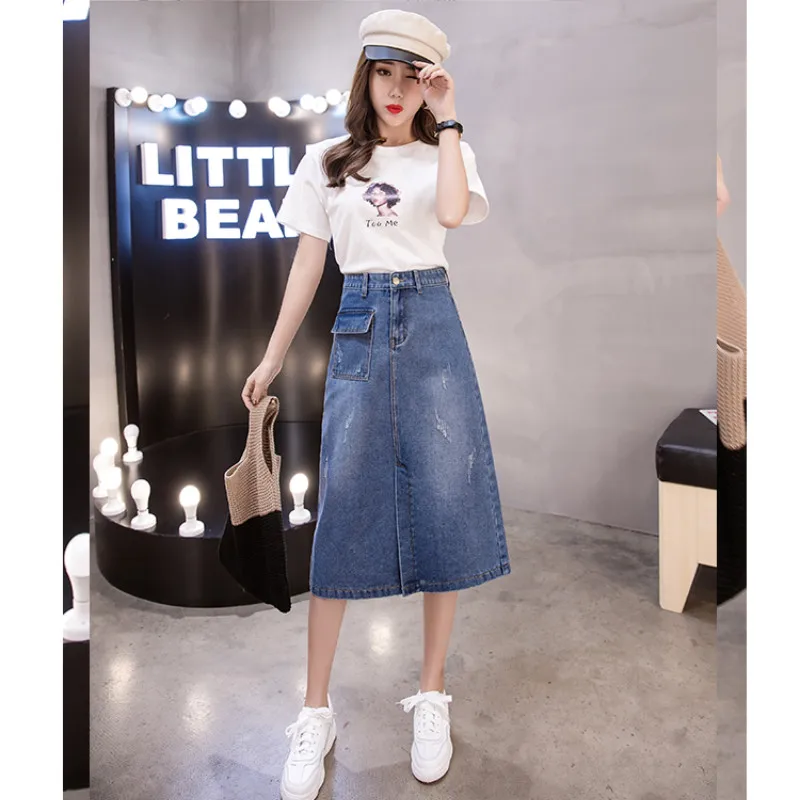 Женская джинсовая юбка ниже колена с разрезом | одежда