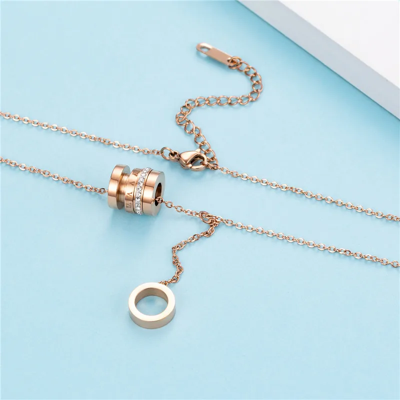

2021 Trend Female Length 500mm Fashion Titanium Steel Necklace For Women Rose Gold Roman Inscription Ring Pendant Jewelry N551