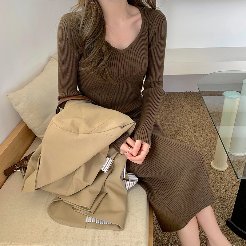 

Hzirip 2021 New Autumn Ladies Sweater Dress Square Collar French Korean Thin Casual Fashion Minimalist Classic Solid Color Knit