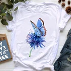Женская свободная футболка с коротким рукавом, летняя белая футболка с принтом в виде синей бабочки