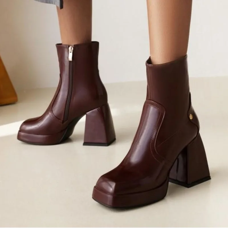 

Женские ботинки-мартинсы с квадратным носком, новинка 2021, зимняя короткая обувь-туфли на высоком толстом тонком каблуке