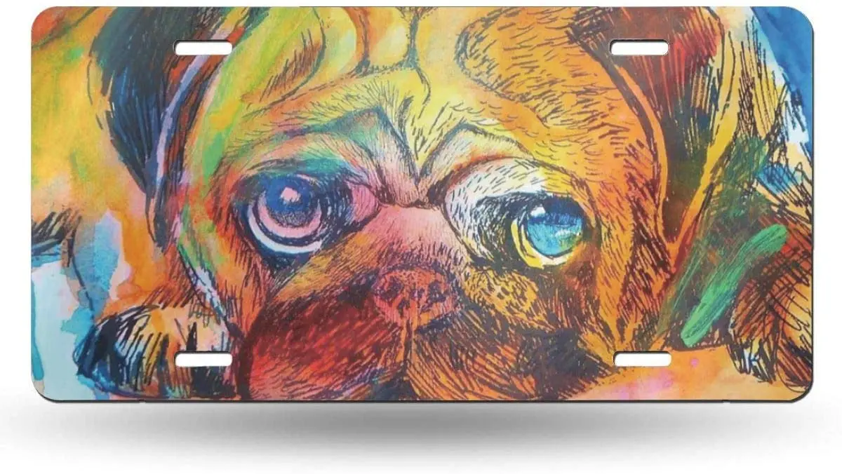 

Anwei Pug Dog Painting Art Novelty Car 6x12 Aluminum Front Vehicle License Plate Frame Vanity Tag Sign