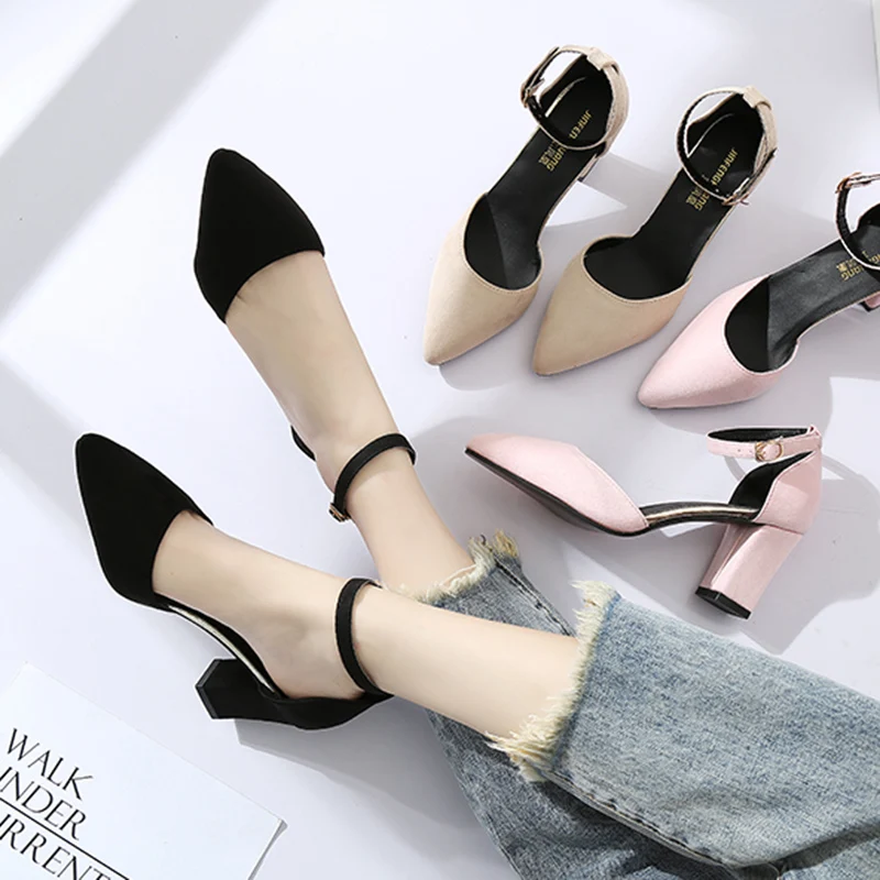 

Rimocy Pointed Toe Ankle Wrap Shoes on Heels Women Shallow Flock Square High Heels Pumps Woman Pink Party Wedding Shoes Female