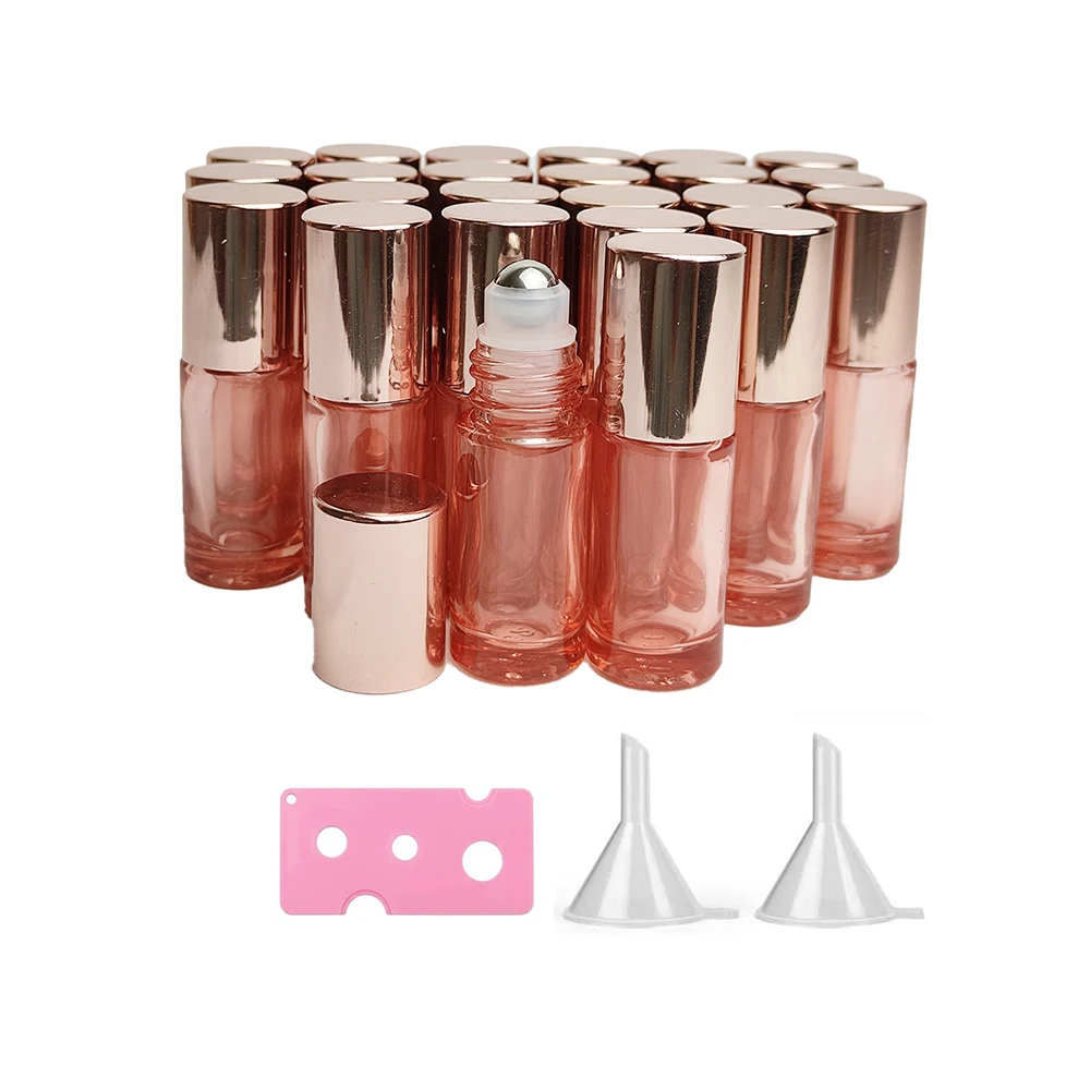 

24Pcs/lot 5ml Essential Oil Roller Bottles Glass Roll On Bottles With Metal Roller Balls & Opener, 2 funnels