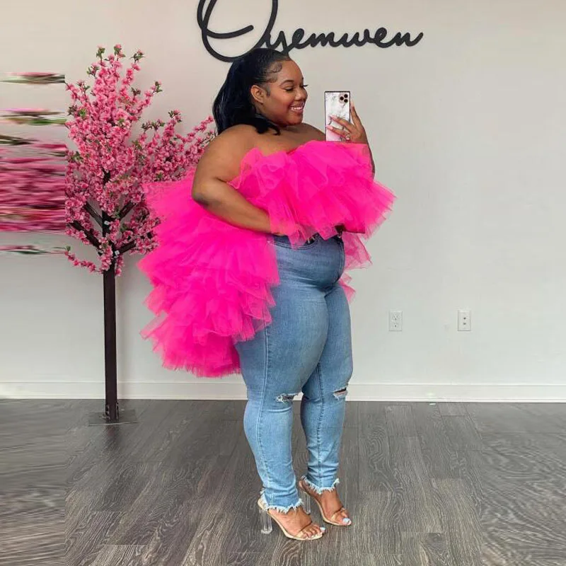

Hot Pink Tiered Tulle Tops Women Formal Top Champagne Fuchsia Tulle Top Off The Shoulder Birthday Photo Shoot Blouse Shirts