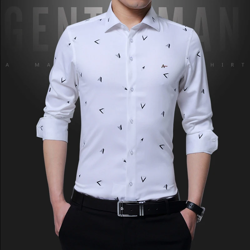 Aramy-Camisa de manga larga con bordado para hombre, Camisa masculina ajustada con estampado social, nueva marca, 2021