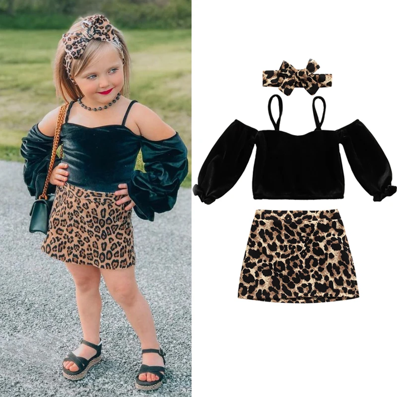 

Autumn Girls Casual Two-Piece Clothes Set 1-6Y Corduroy Black Solid Color Pullover Skirt And Bow Knot Headdress Leopard Skirts