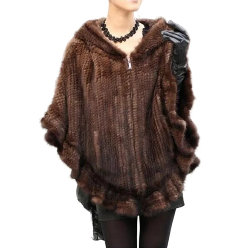 Enlarge High Quality Mink Fur Hand Knitted Women's Real Fur Coats Hooded Natural Fur Jackets Ponchos And Capes Black/Brown DA-68