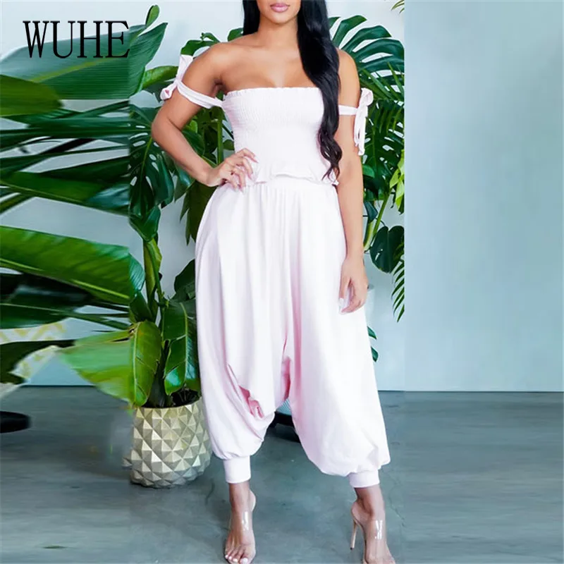 

WUHE Off Shoulder Sleeveless Slash Neck Hollow Out Pleated Bandage Top and Wide Pants Casual Party Loose Women Two Pieces Sets
