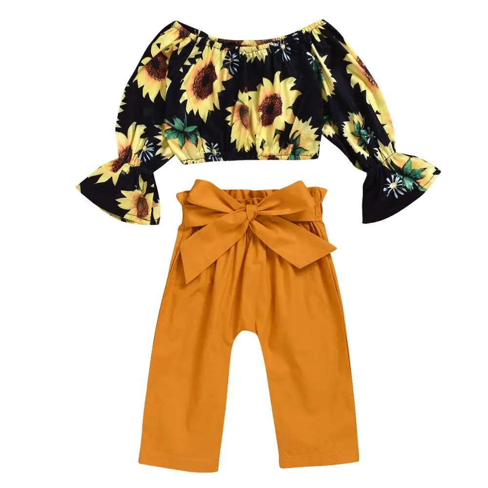 2 pcs set Комплект летней одежды для маленьких девочек, укороченная Блузка с оборками и принтом подсолнуха, штаны шифоновая одежда ensemble fille, для детей 1, 2, 3, 4, 5, 6 лет - Цвет: 2 pcs set