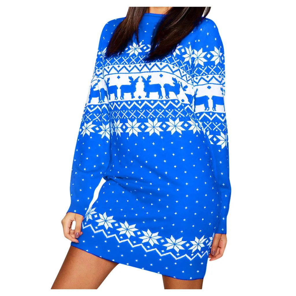 Blue Vestidos ropa mujer, рождественское платье, женские толстовки с рождественским принтом, с длинным рукавом, снежинка, Мини платье для вечеринки, roupa feminina - Цвет: Blue