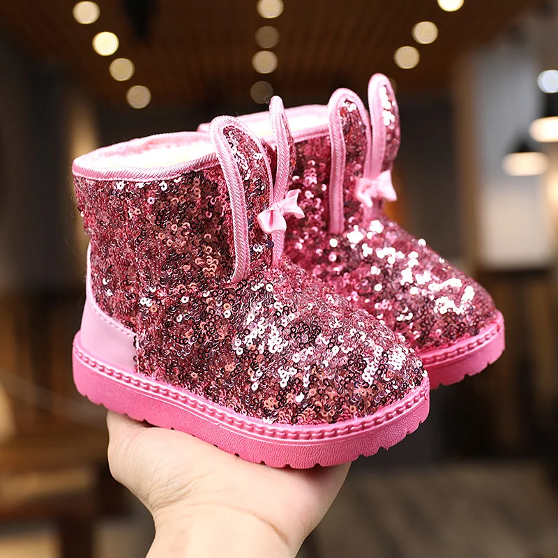 

2021 New Winter Children Snow Boots Sequined Rabbit Ears Cute Girls Boots Baby Snow Boots Waterproof Warm Hot Fashion Shoes