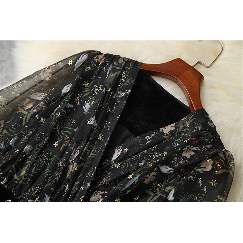 

Elegant Office Lady Autumn Vestidos Women 2020 Fashion Long Sleeve V Neck Floral Print Patchwork Slim Knee Length Velvet Dress