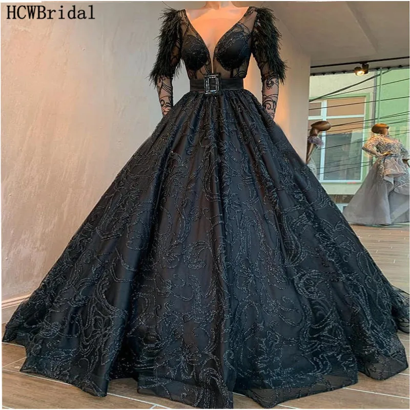 

Black Saudi Arabic Ball Gown Evening Dress Long Sleeves V Neck Glitter Feathers Luxury Special Occasion Dresses Prom Customize