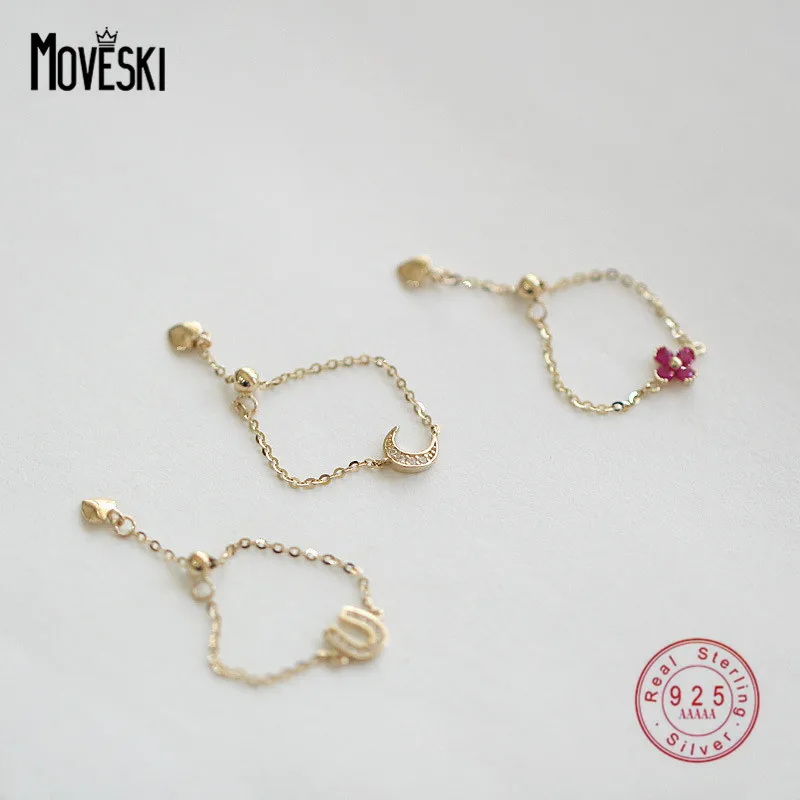 

MOVESKI 925 Sterling Silver Korean Simple Moon Flower Zircon Chain Ring Women Fashion Creative Birthday Gift Jewelry