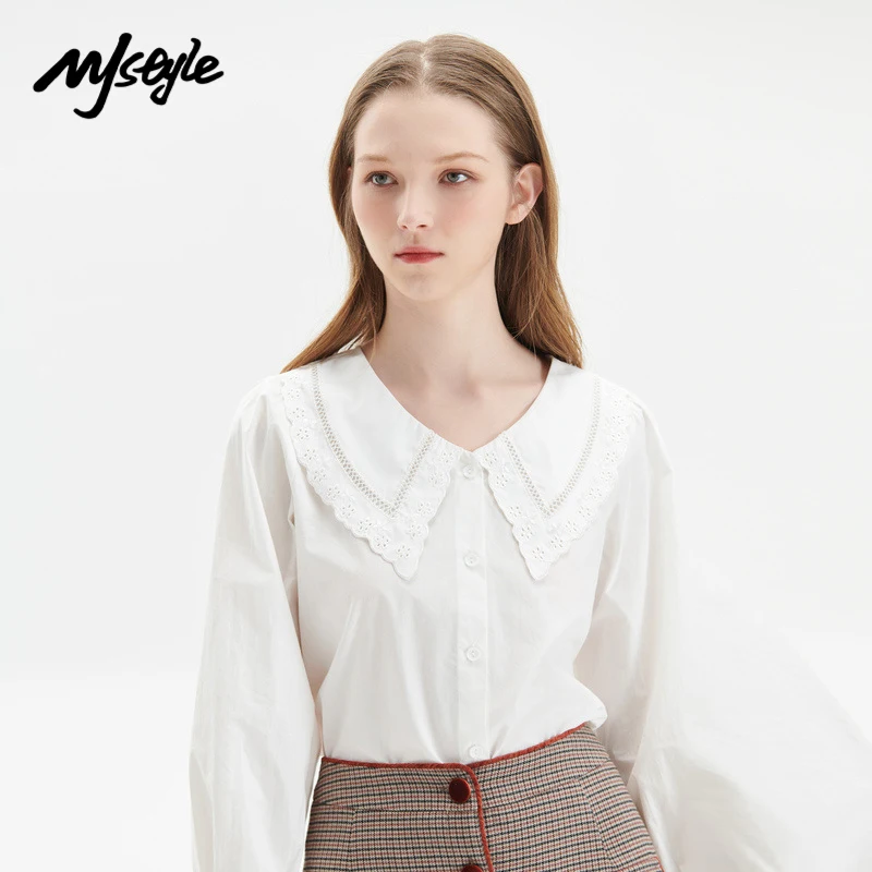 

MJstyle 2021 Осенняя корейская мода с гофрированным воротником Удобная рубашка с длинным рукавом Женские блузки, белая рубашка на пуговицах ...