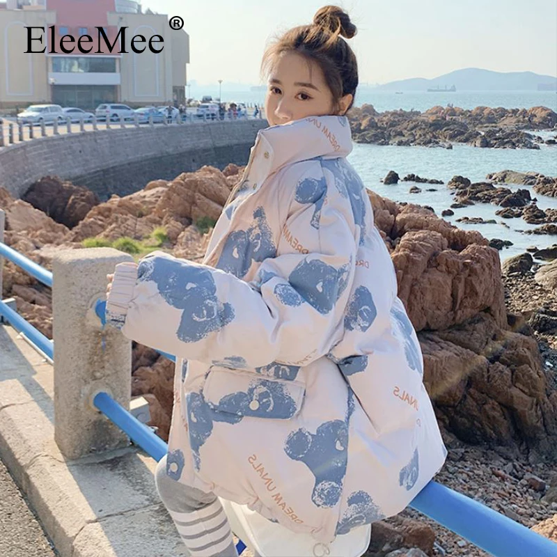 

Женская зимняя куртка EleeMee, теплая свободная Модная парка с милым медведем, Новое поступление 2022, плотное пальто размера S-Xl