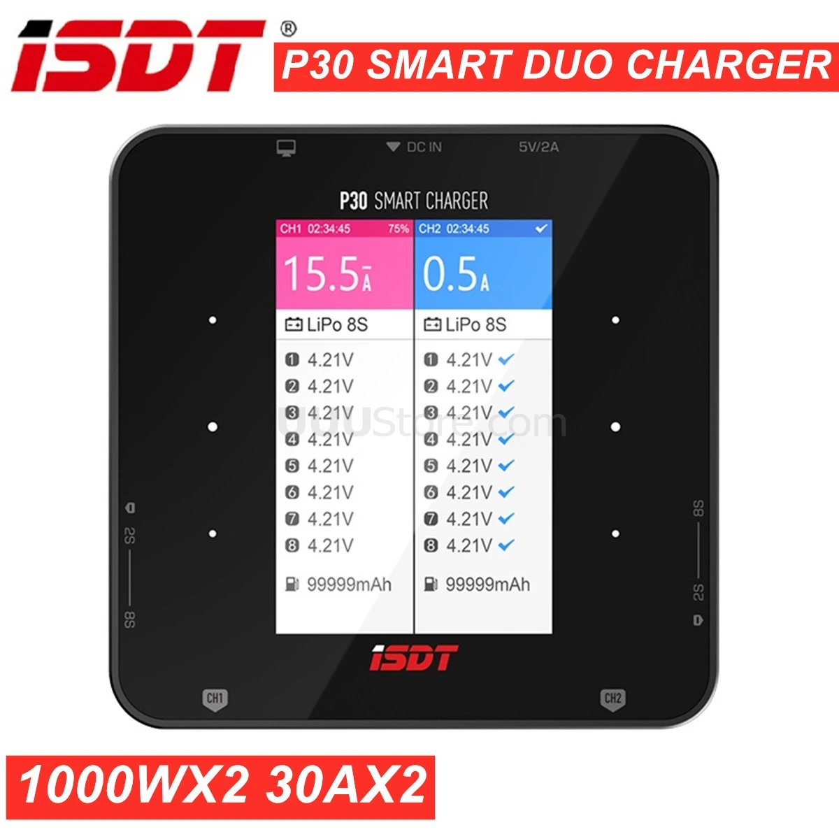 

ISDT P30 SMART DUO CHARGER 1000WX2 30AX2 High Power Dual Channel Snychronous BattGo Balance Charger Discharger 1-8S Lipo Battery