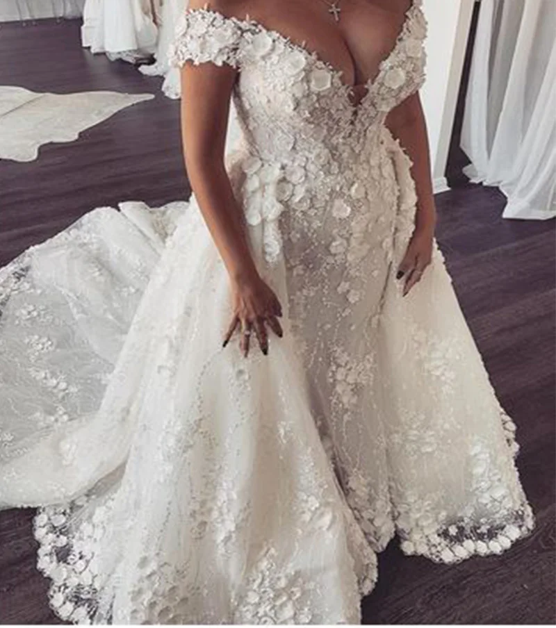 YNQNFS Ivory White Applique Beaded Lace Mermaid Wedding Dress 2020 Sexy Formal Bridal Gown