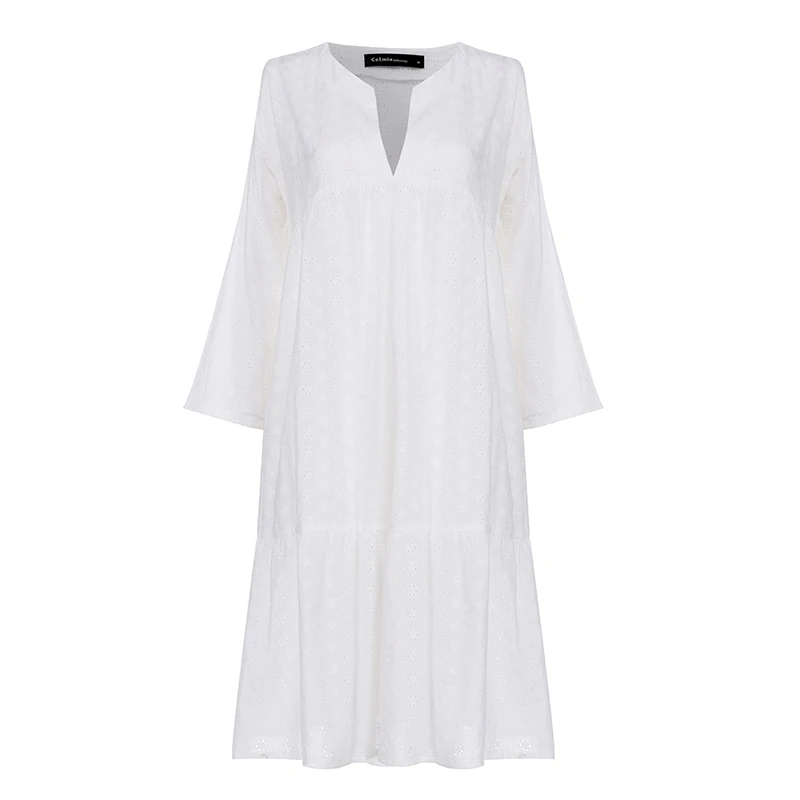 Celmia Elegant Cotton Embroidery Women's Dress Ruffled Korean White Dress New Sexy V-neck Hollow Party Vesridos Plus Size