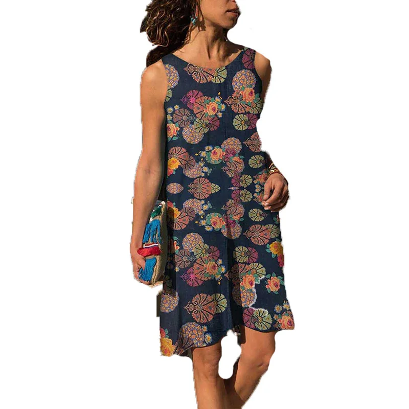 

Vintage Pattern Print Women Party Dress Autumn O Neck Casual Loose Vest Dress Female Summer Sleeveless A-Line Tank Dress Vestido