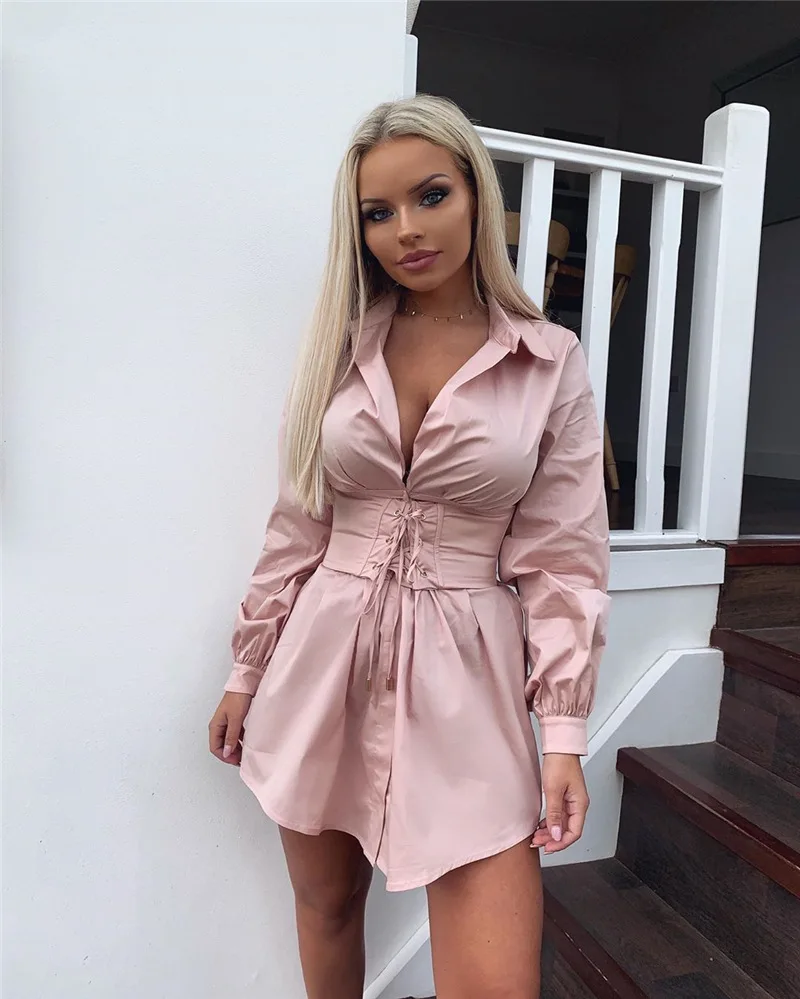 

Sexy Deep V Neck Mini Shirt Dress Women Waistband Bodycon Dresses Ladies 2020 Party Long Sleeve Drawstring Autumn Winter Dress