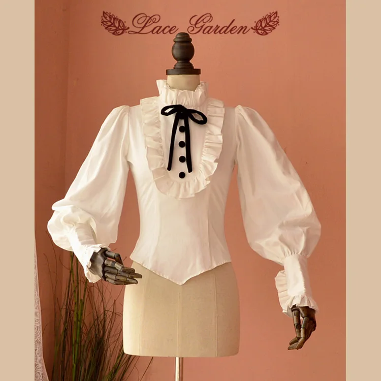 Women's Vintage Blouse Ruffled Stand Collar Long Lantern Sleeve Slim Fitting White Shirt