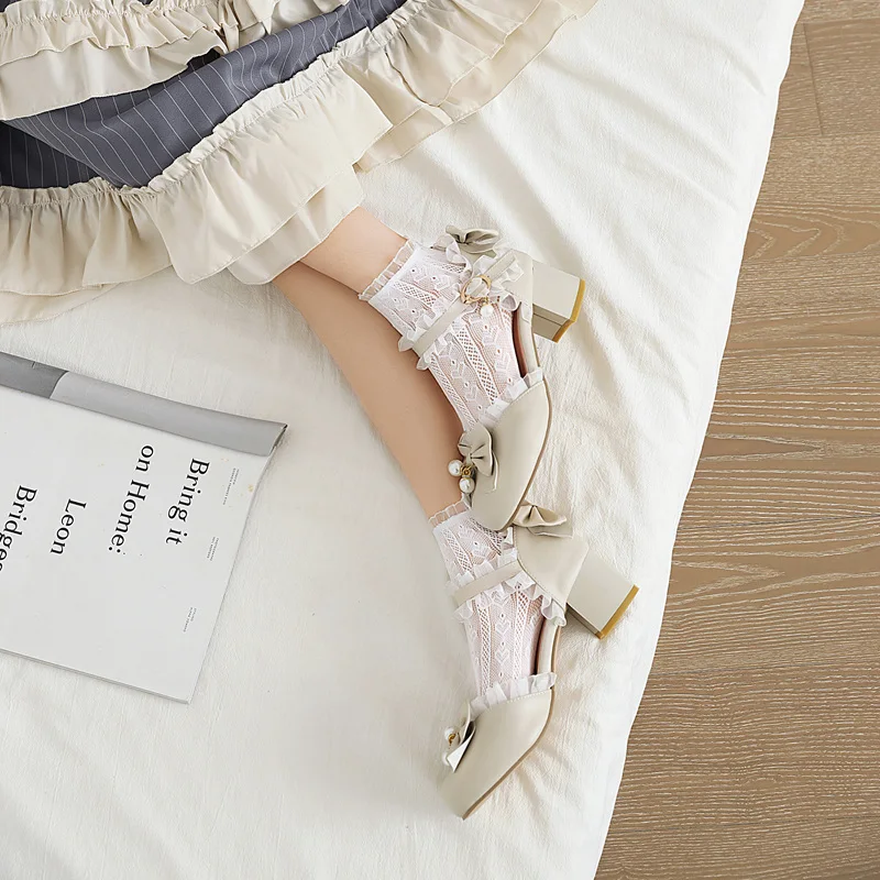 

Lolita Women's Shoes Pearl Lace Strap Bow Lovely Girl Princess Shoes Students Lovely Shoes Large Size Shoes 34-43