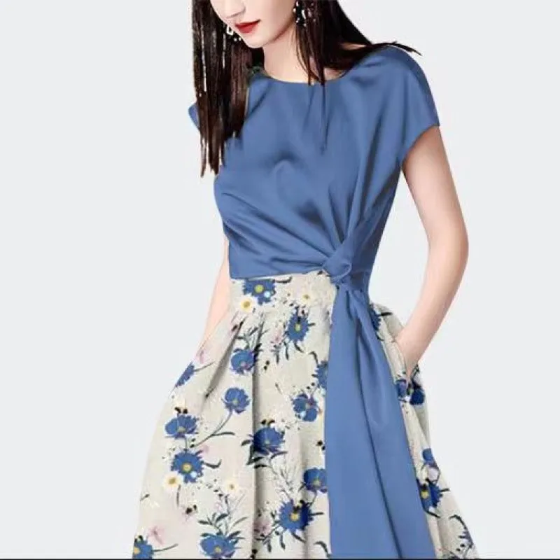 

IVY HE Fashion Women's Suit New Round Neck One Sleeve Lace Up Top Printed Skirt Shorts Two Piece Set for Women's Summer Suit