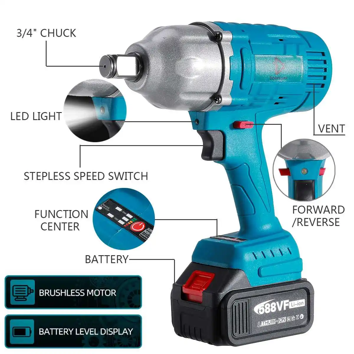 REAL 2000N.M Cordless Electric Impact Wrench 3/4 inch Socket Power Tools 588Vf Li Battery +LED light Adapt to Makita 18V | Инструменты