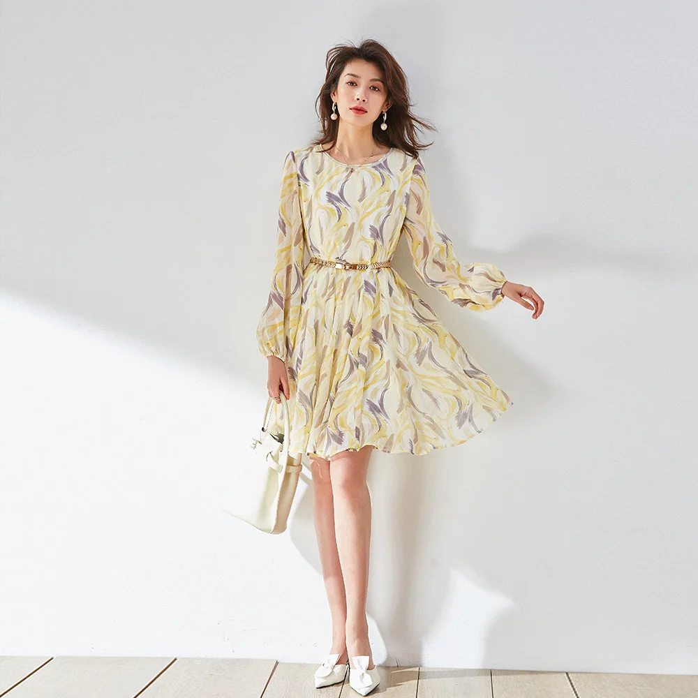 

Chiffon Print Yellow Dress Summer Lantern Long Sleeve Belt Midi A Line Dresses Elegant Clothing Women Casual Swing Dress Ladies