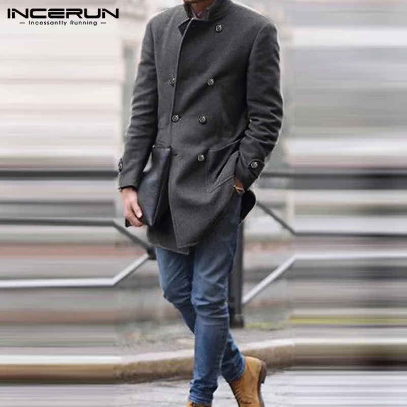 INCERUN, мужские длинные куртки, пальто, двубортные, повседневные, мужские, s, шерстяные пальто, модные, чистый цвет, тренд, Классический Комфорт, шерстяное пальто