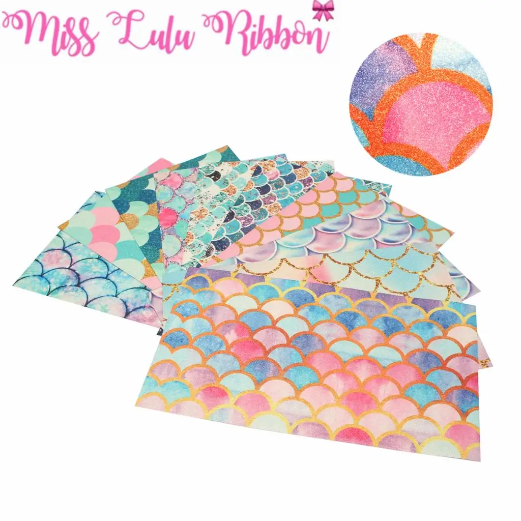 

8x13inch (20x34cm) Printed Glitter Vinyl Ribbon Cut Piece 60pcs/pack Colorful Scale Series Gradient Color DIY Hair Bowknots