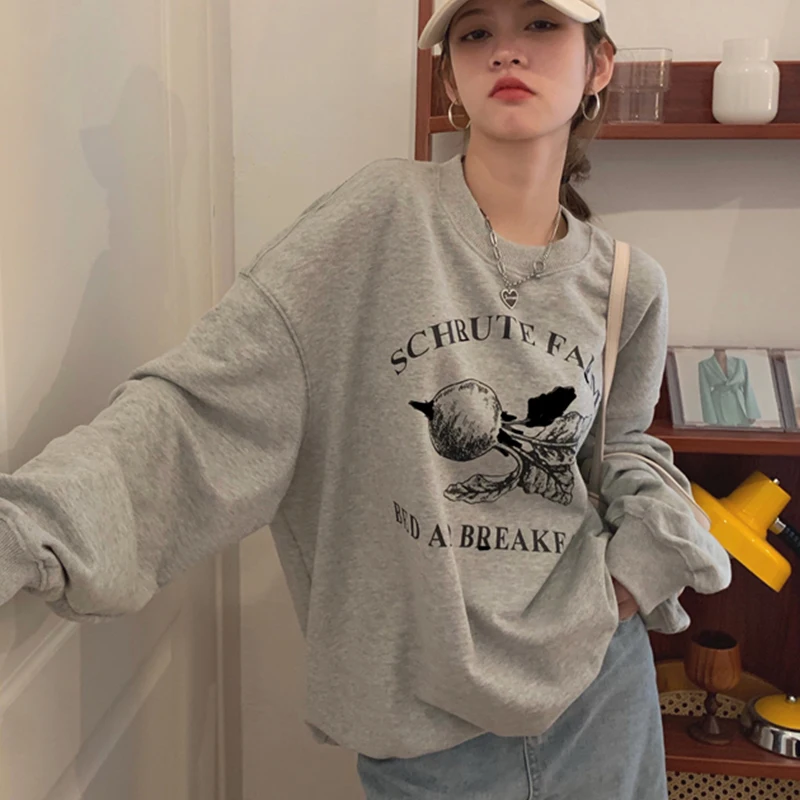 

The New Grey Aesthetic Sweatshirt Thin Letter Printing Long Sleeve Loose Women Hoodie Pullover Harajuku Streetwear