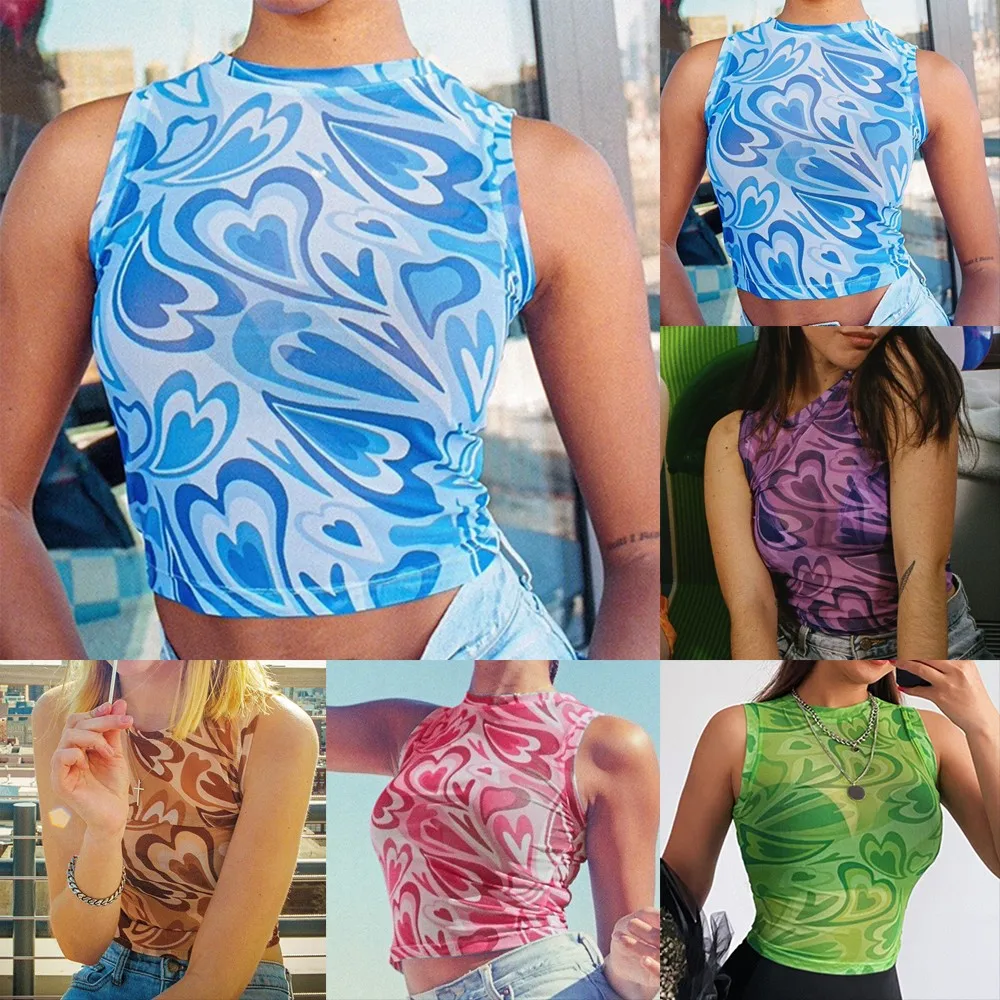 

Sexy Summer Women Sleeveless Crew Neck Sheer Mesh See Through Transparent Angel Flame Print Crop Top T-Shirt