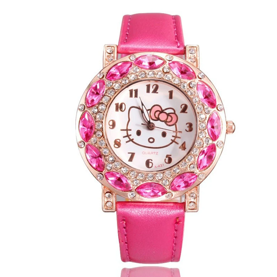 Розовый Женские кварцевые часы hello kitty с кристаллами и циферблатом, стразы, детские часы для женщин и девушек, наручные часы Relojes Mujer Relog - Цвет: Розовый