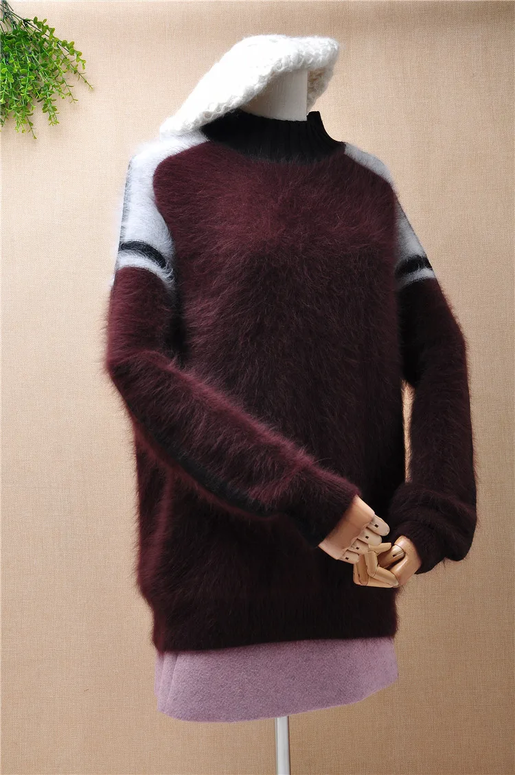 

female women hairy fuzzy mink cashmere knitted long sleeves turtleneck loose pullover angora rabbit fur winter jumper sweater