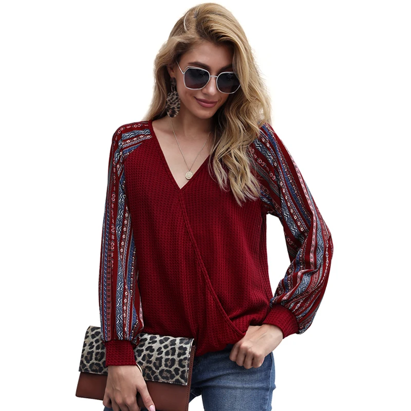 

CINESSD Women Print Casual Tshirt Burgundy V Neck Long Sleeves Pullover Bohemian Tops Blue Patchwork Office Lady Tee Shirts