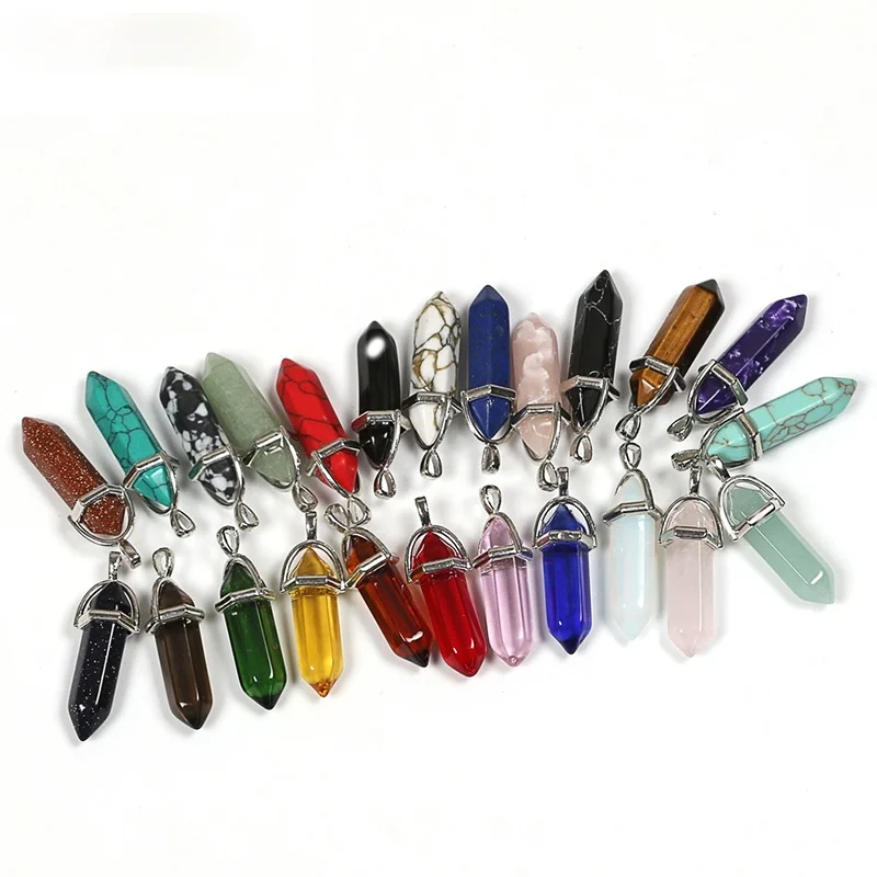 

24pcs Pointed Chakra Pendants Hexagonal Quartz Crystals Bullet Shape Stone DIY Charm Beads for Jewelry Making