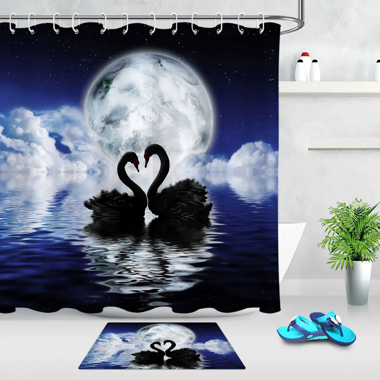 

White Swans Couple Heart Shower Curtains Fantastic Love Animals Polyester Fabric Valentine's Day Shower Curtain Set Bath Curtain
