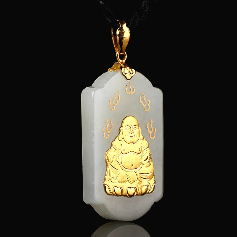 Натуральная китайская белая нефритовая подвеска Hetian Золотая мозаика Будды