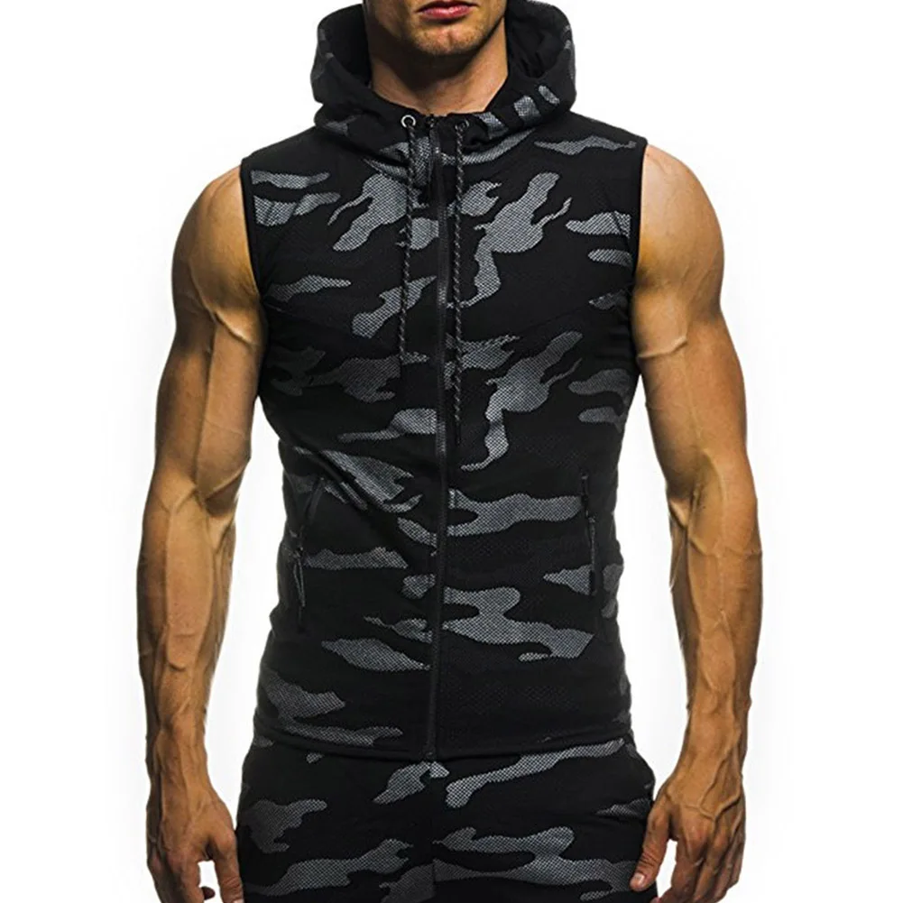 

New Men Bodybuilding Tank Tops Gyms Fitness Workout Sleeveless Hoodies Man Casual Camouflage Hooded Vest Male Camo Clothing