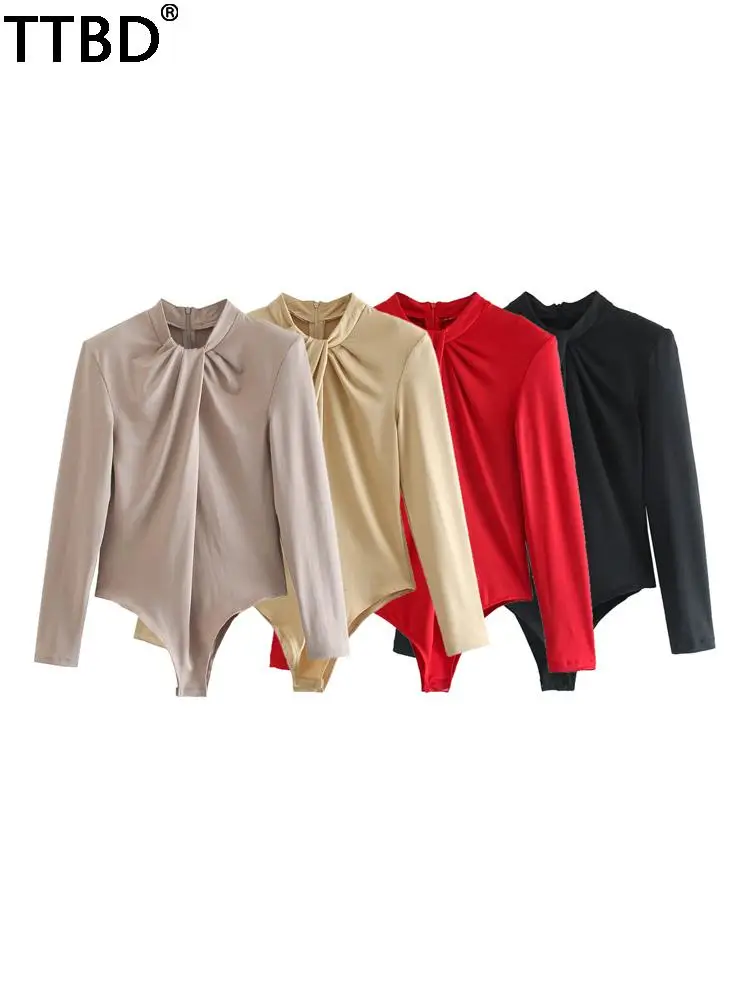 

TTBD Women fashion with pleated bodysuits vintage long sleeve back zipper female playsuits mujer bodysuit women y2k fashion